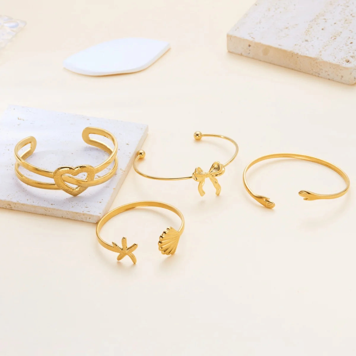 Exaggerated Metal Shell Starfish Flower Bangles Bracelets For Women Men Stainless Steel Fish Bow Heart Open Cuff Bangle Jewelry