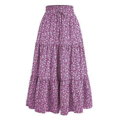 Women'S Boho Vintage Floral Print Maxi Skirt Elastic High Waist Pleated Flowy A Line Long Skirts Toddler Fall 2024 Falda Short