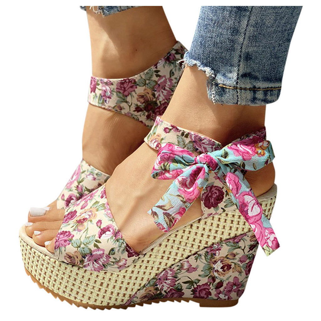 Heel Footwear Ladies Shoes Platform Floral Women's Lace-up Wedges Comfy Wedge Sandals For Women Dressy Sandals For Women