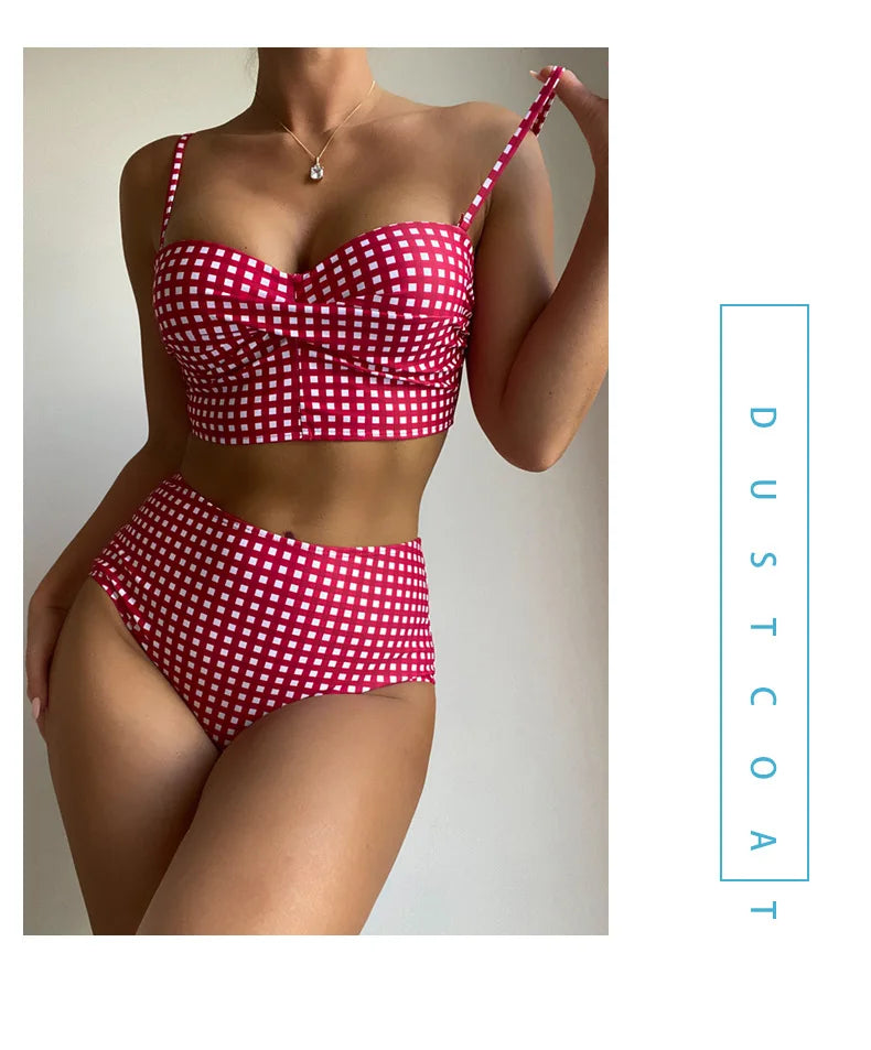 Women Sexy Slim Plaid Two Pieces Swimsuit High Waisted Bikini Swimwear 2024 Bikini Sets Size S-3XL Rose Red/Black/Blue/Sky Blue