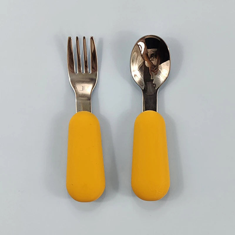 EtherealBe stainless steel baby utensils set with yellow silicone handles for easy grip