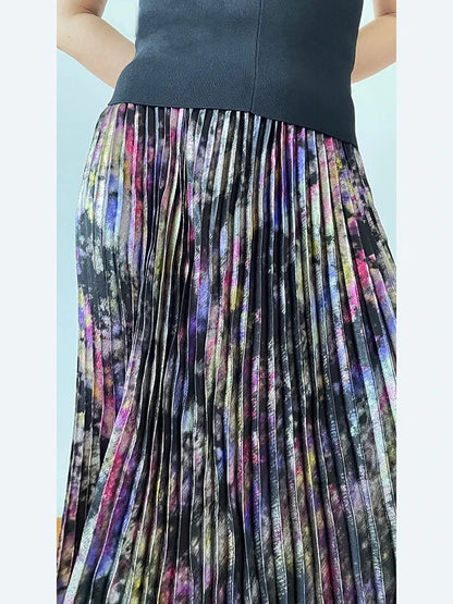 Shiny Colorful Luxury High Waist Metallic Pleated Midi Skirt 2025 Fashion Trends Elastic Waistband Pleated Skirt Old Money Style