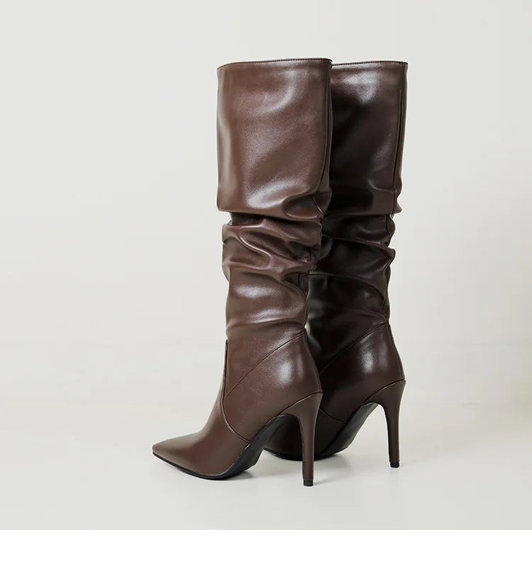 2025 Winter Knee Boots With Heels Woman 10CM Stiletto Fashion Slip on Pointy Autumn Shoes Women Soft Leather Pleated Long Boots