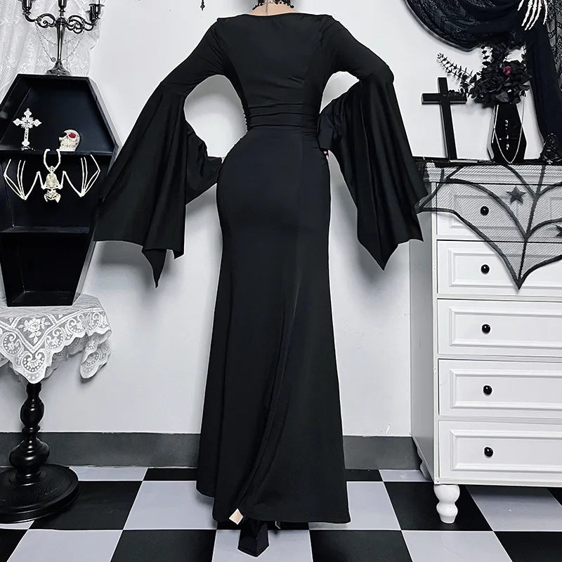 EtherealBe Adams family Morticia Halloween costume featuring dramatic bell sleeves and a long black gown