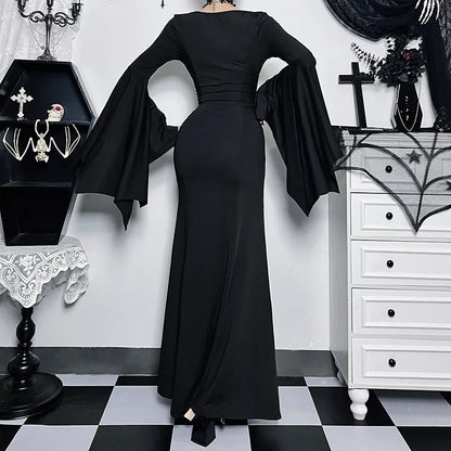 EtherealBe Adams family Morticia Halloween costume featuring dramatic bell sleeves and a long black gown