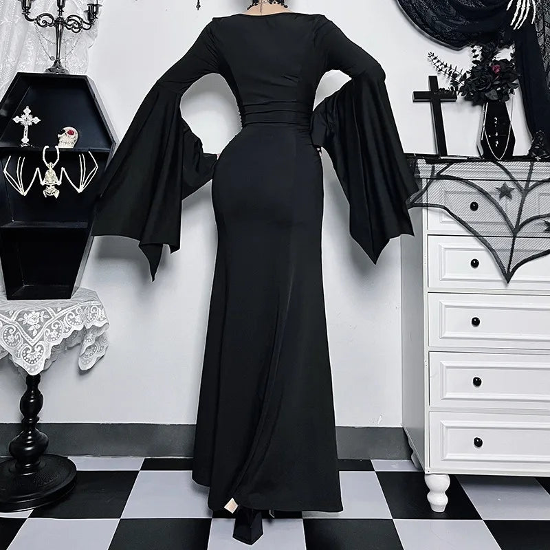 Elegant black Adams family Morticia Halloween costume with dramatic bell sleeves and form-fitting design