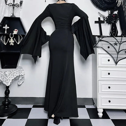 Elegant black Adams family Morticia Halloween costume with dramatic bell sleeves and form-fitting design