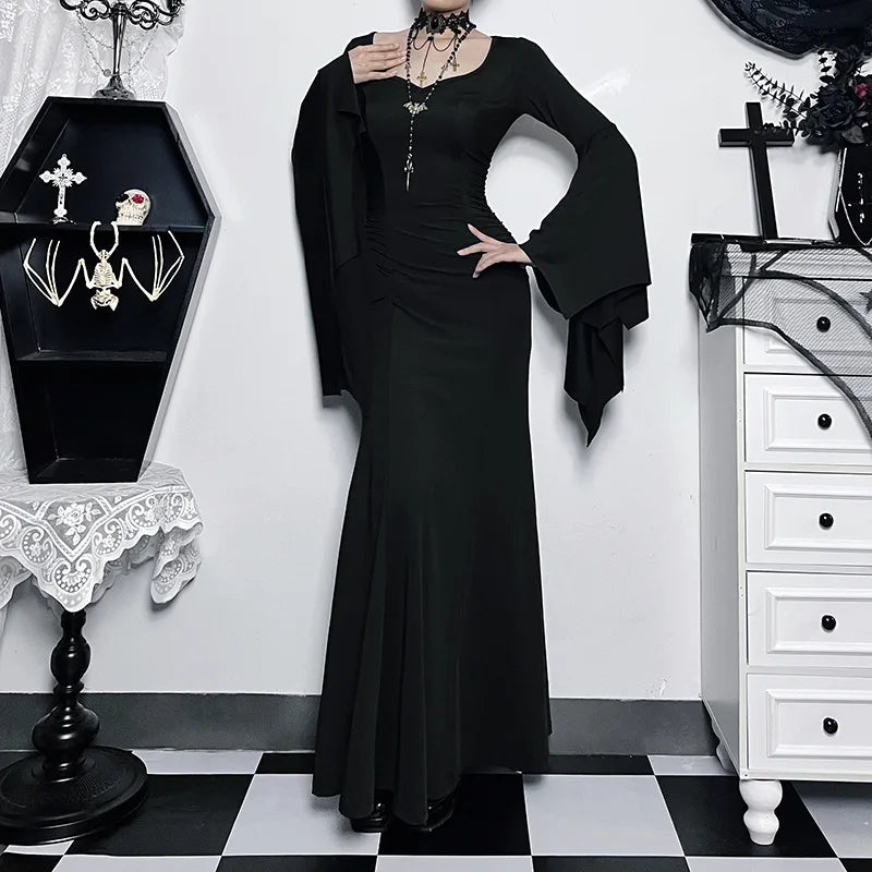 EtherealBe Adams family Morticia Halloween costume in elegant black with bell sleeves and stylish design