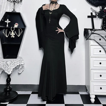 EtherealBe Adams family Morticia Halloween costume in elegant black with bell sleeves and stylish design