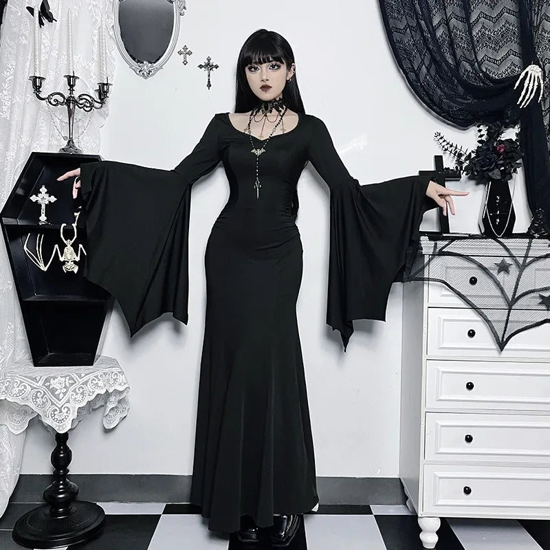EtherealBe Adams family Morticia Halloween costume in black with flowing sleeves and fitted silhouette