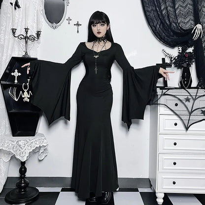 EtherealBe Adams family Morticia Halloween costume in black with flowing sleeves and fitted silhouette