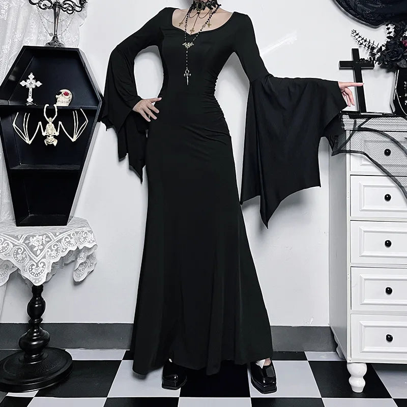 EtherealBe Adams family Morticia Halloween costume in black with long flowing sleeves for a spooky look