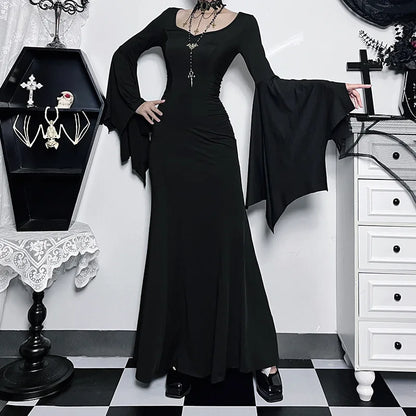 EtherealBe Adams family Morticia Halloween costume in black with long flowing sleeves for a spooky look