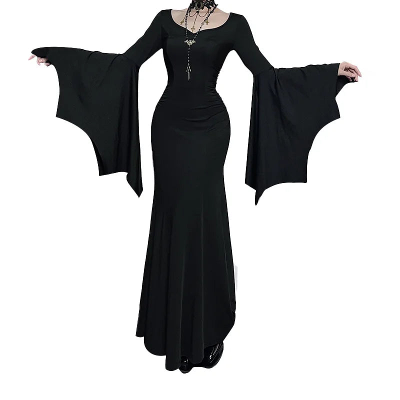 EtherealBe Adams family Morticia Halloween costume in elegant black with dramatic bell sleeves