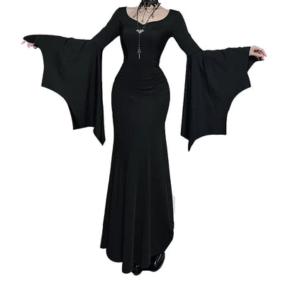 EtherealBe Adams family Morticia Halloween costume in elegant black with dramatic bell sleeves