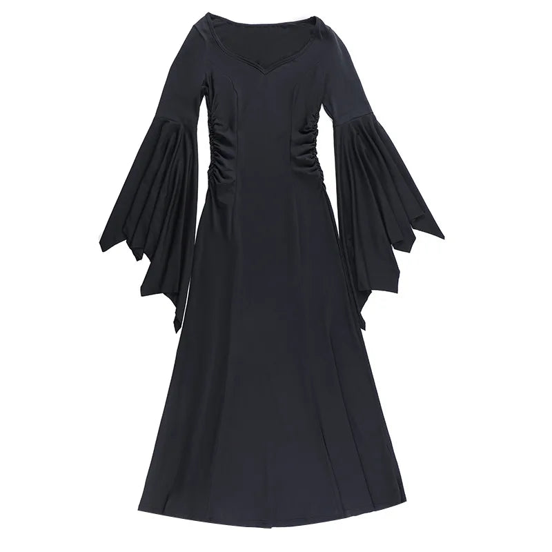 Elegant black Adams family Morticia Halloween costume with flowing bell sleeves and fitted silhouette