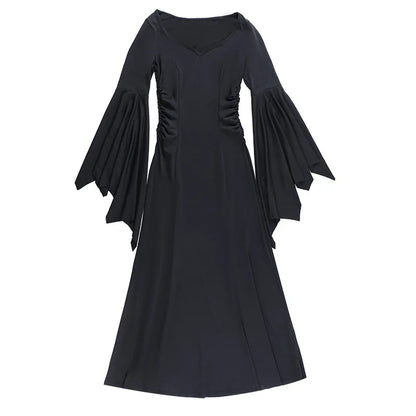 Elegant black Adams family Morticia Halloween costume with flowing bell sleeves and fitted silhouette