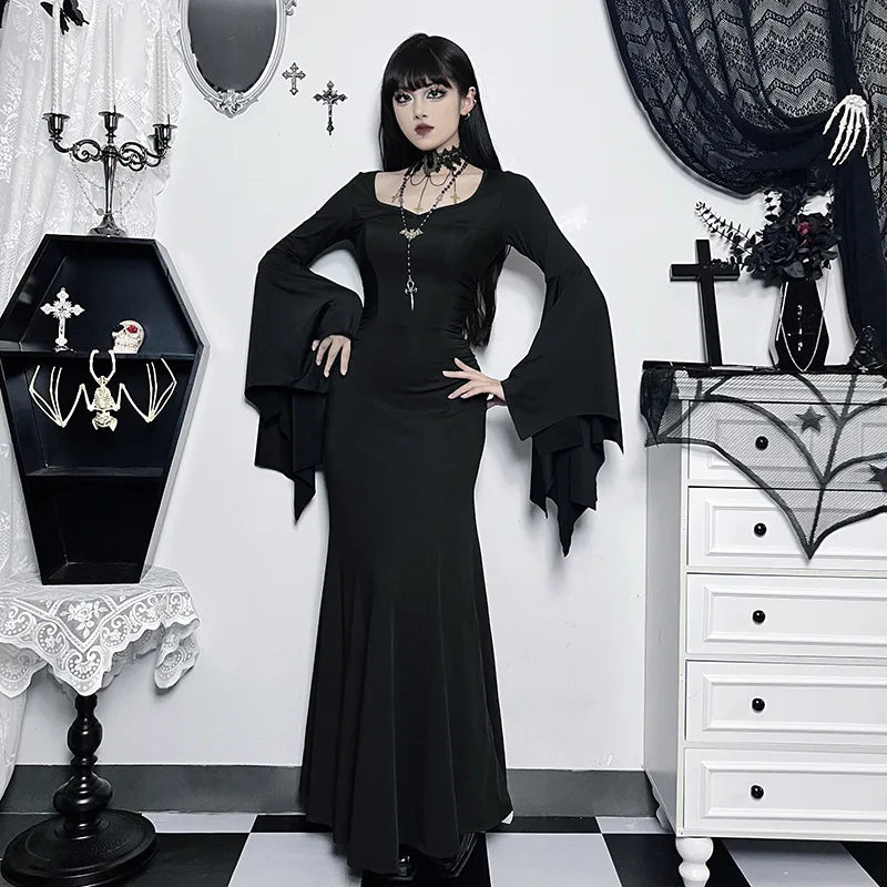EtherealBe Adams family Morticia Halloween costume with bell sleeves and gothic design