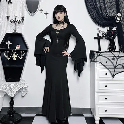 EtherealBe Adams family Morticia Halloween costume with bell sleeves and gothic design