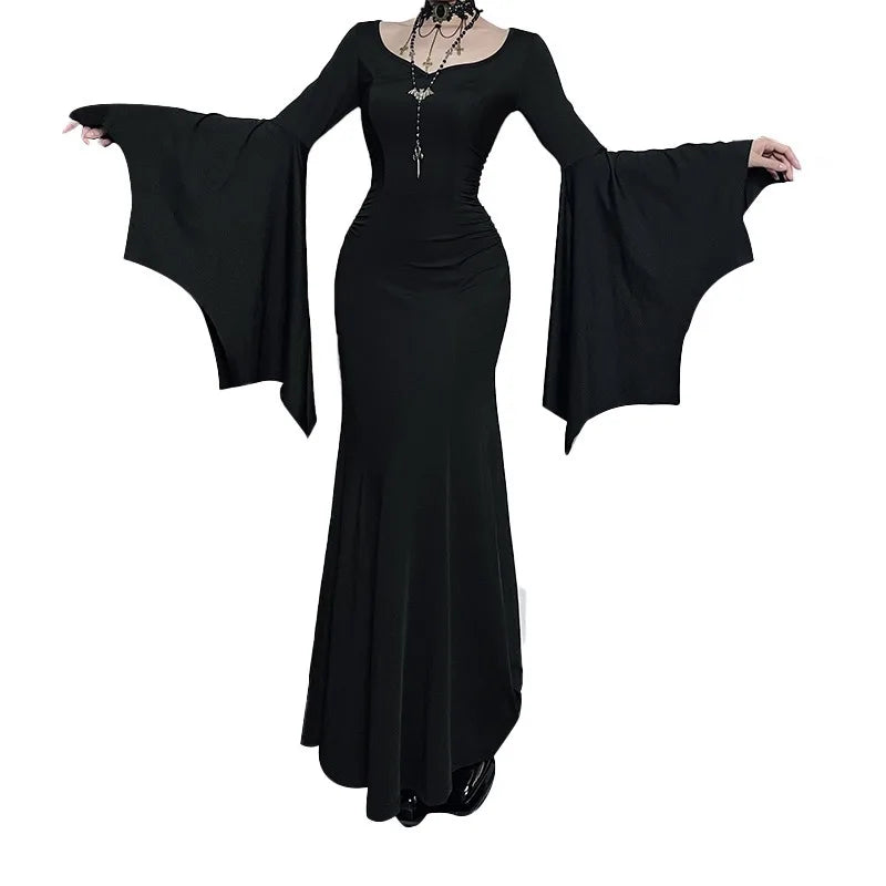 Elegant black gown with dramatic bell sleeves for an Adams family Morticia Halloween costume