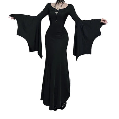Elegant black gown with dramatic bell sleeves for an Adams family Morticia Halloween costume
