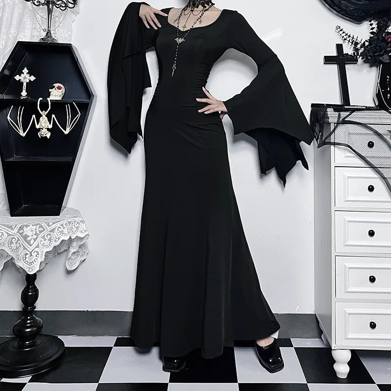 EtherealBe Adams family Morticia Halloween costume featuring long sleeves and a floor-length design