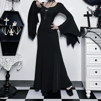 EtherealBe Adams family Morticia Halloween costume featuring long sleeves and a floor-length design