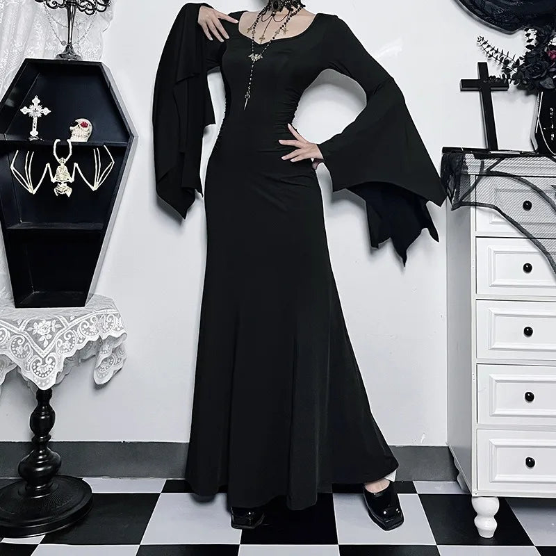 EtherealBe Adams family Morticia Halloween costume with elegant black long sleeve design