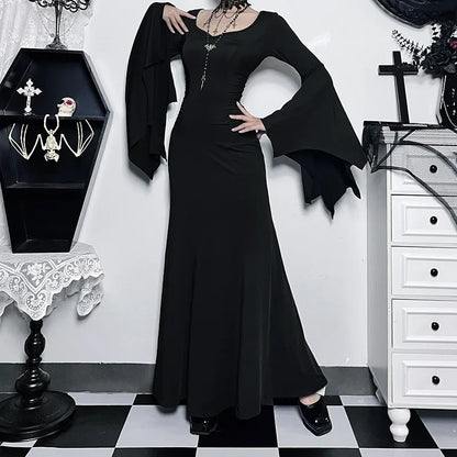 EtherealBe Adams family Morticia Halloween costume with elegant black long sleeve design