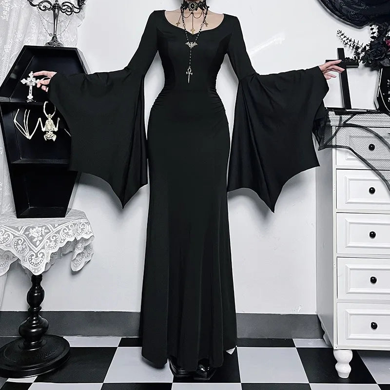 EtherealBe Adams family Morticia Halloween costume with dramatic bell sleeves and a floor-length design