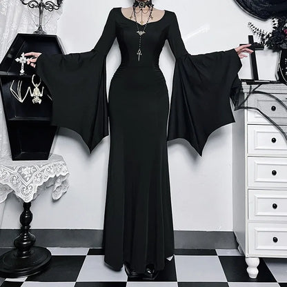 EtherealBe Adams family Morticia Halloween costume with dramatic bell sleeves and a floor-length design