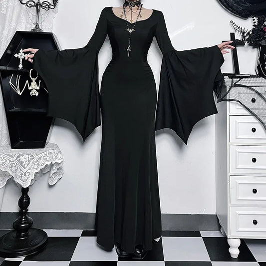 EtherealBe Adams family Morticia Halloween costume with dramatic bell sleeves and a floor-length design