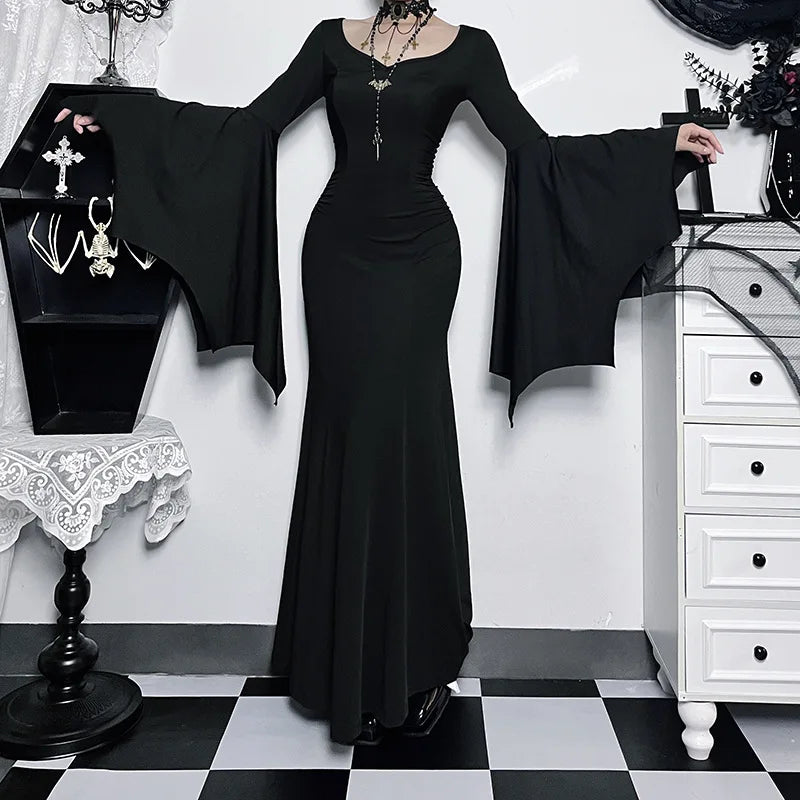 EtherealBe Adams family Morticia Halloween costume featuring long bell sleeves and a fitted silhouette