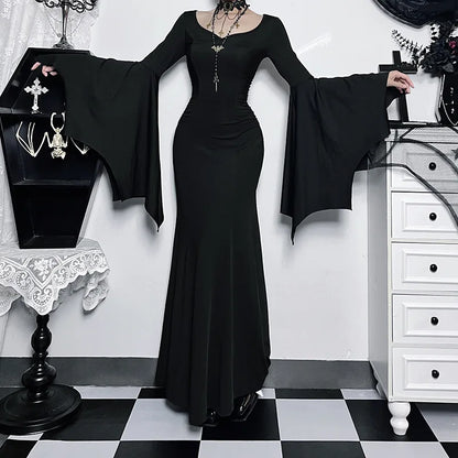 EtherealBe Adams family Morticia Halloween costume featuring long bell sleeves and a fitted silhouette