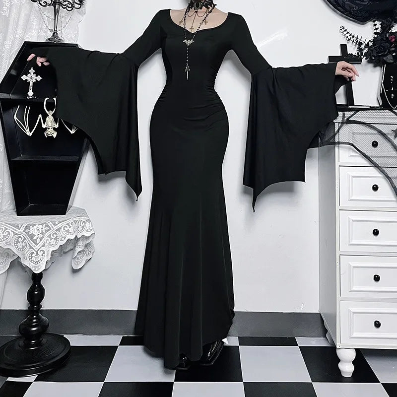 EtherealBe Adams family Morticia Halloween costume featuring elegant black dress with flowing sleeves