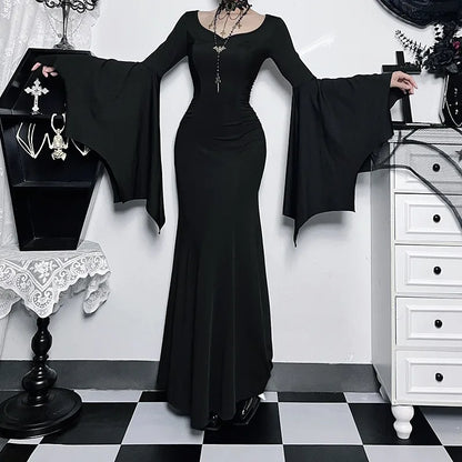 EtherealBe Adams family Morticia Halloween costume featuring elegant black dress with flowing sleeves