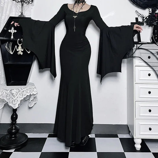 EtherealBe Adams family Morticia Halloween costume featuring elegant black dress with flowing sleeves