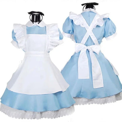 Alice in Wonderland cosplay costume featuring a blue dress with white apron and ruffled sleeves