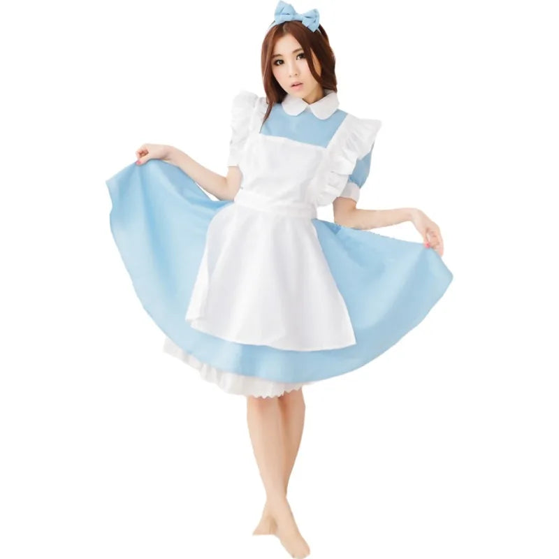 Alice in Wonderland cosplay costume featuring a blue dress with white apron and matching headband