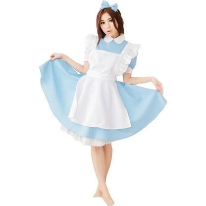 Alice in Wonderland cosplay costume featuring a blue dress with white apron and matching headband