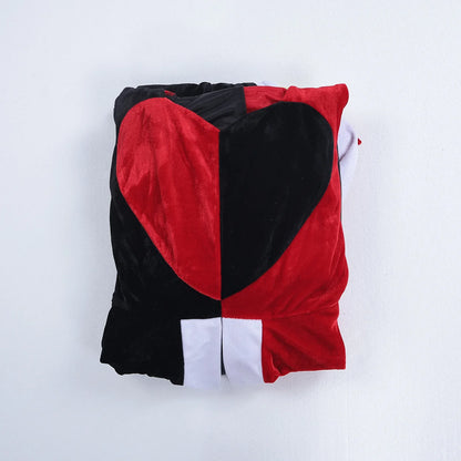 EtherealBe Alice in Wonderland Queen of Hearts costume in red and black velvety fabric with heart patterns