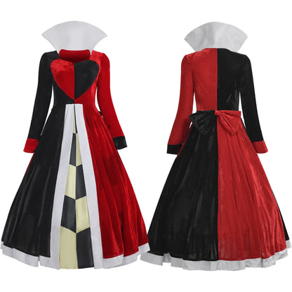 EtherealBe Alice in Wonderland Queen of Hearts costume featuring a red and black long dress with heart design