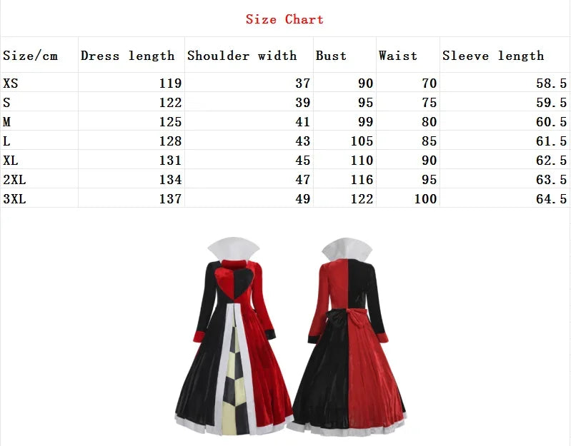 Alice in Wonderland Queen of Hearts costume featuring a red and black dress with a heart design