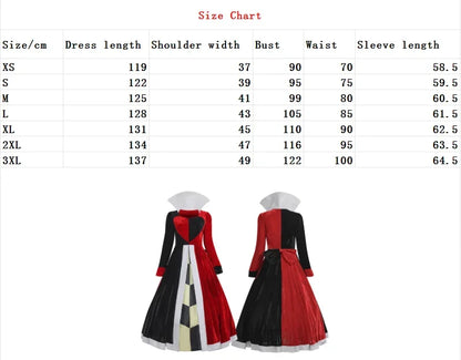 Alice in Wonderland Queen of Hearts costume featuring a red and black dress with a heart design