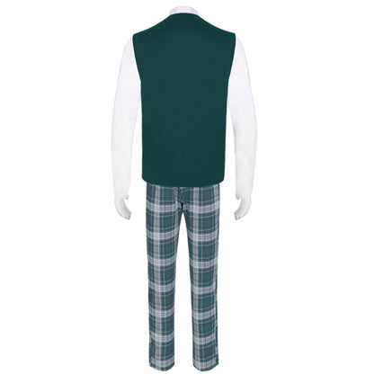 Back view of EtherealBe All of Us Are Dead cosplay costume featuring a green vest and plaid pants