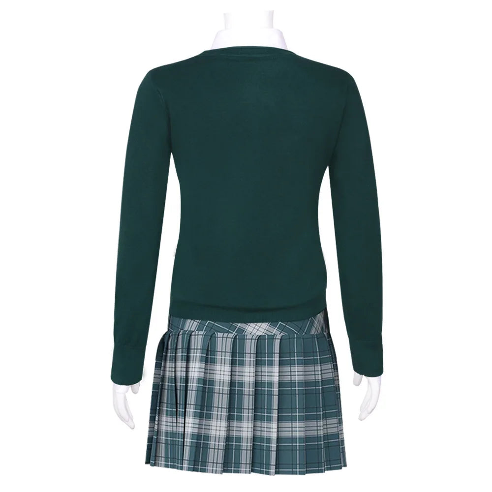 Back view of All of Us Are Dead cosplay costume featuring a green sweater and plaid skirt