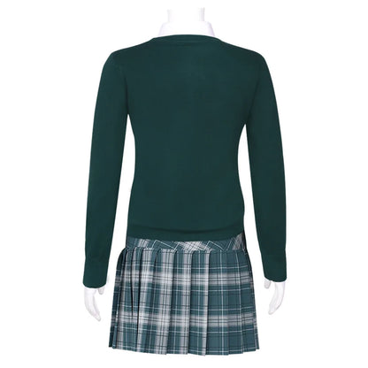Back view of All of Us Are Dead cosplay costume featuring a green sweater and plaid skirt