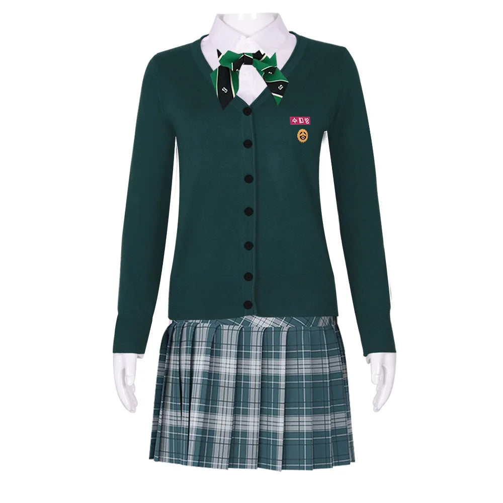 EtherealBe All of Us Are Dead cosplay costume featuring a green cardigan and plaid skirt