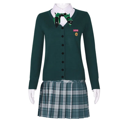 EtherealBe All of Us Are Dead cosplay costume featuring a green cardigan and plaid skirt