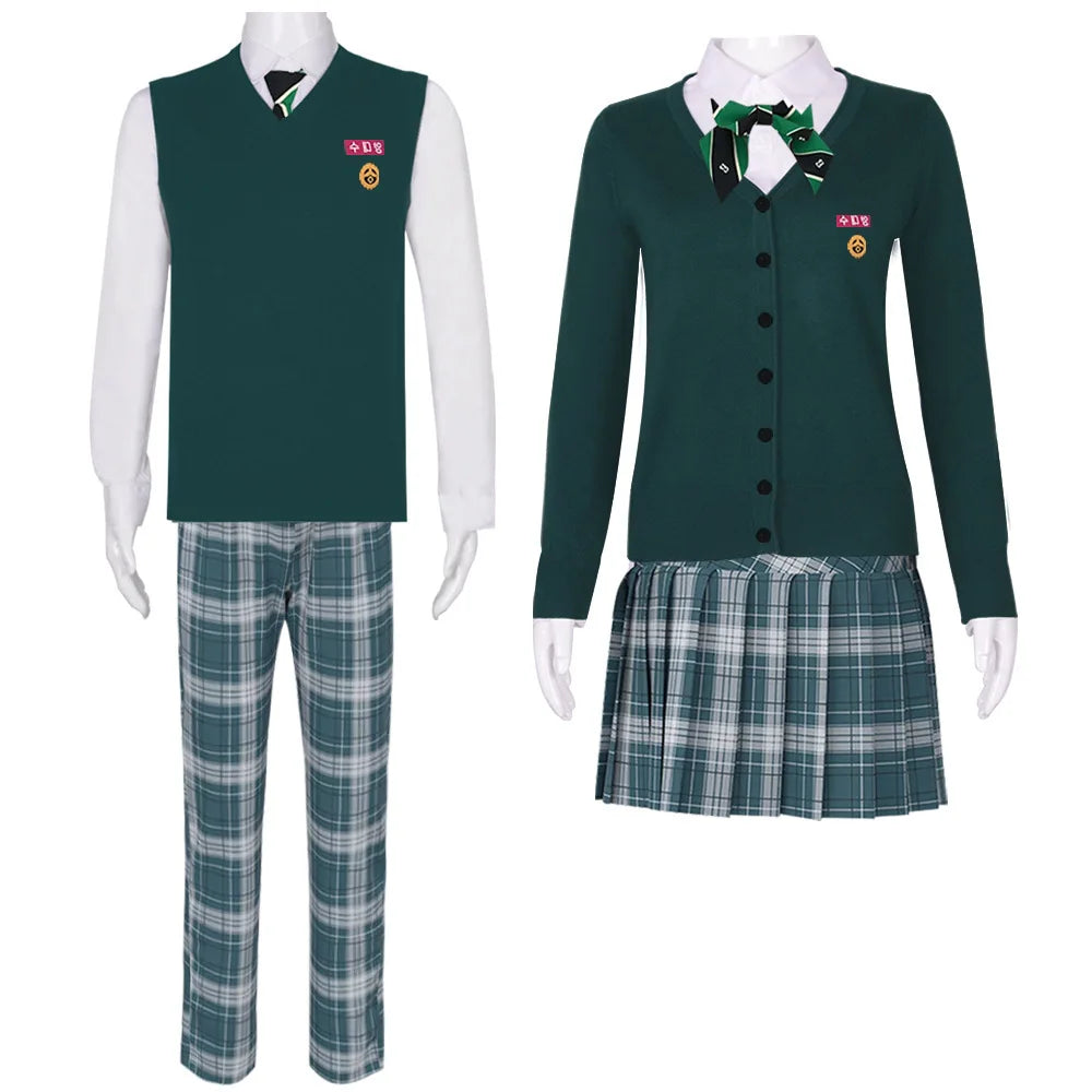 EtherealBe All of Us Are Dead cosplay costume featuring a green vest, plaid skirt, and matching tie